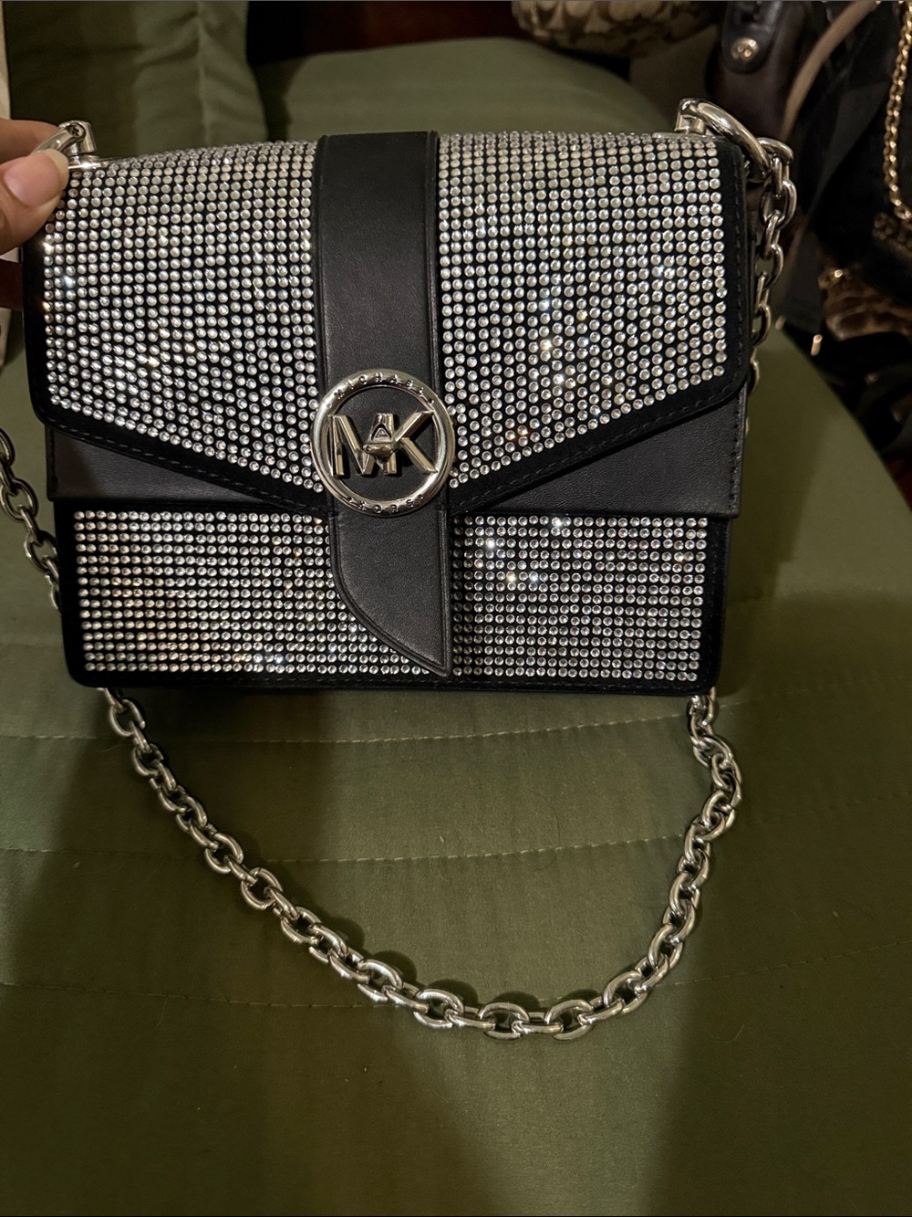 Michael Kors Black Crystal-Embellished Crossbody with Silver Chain